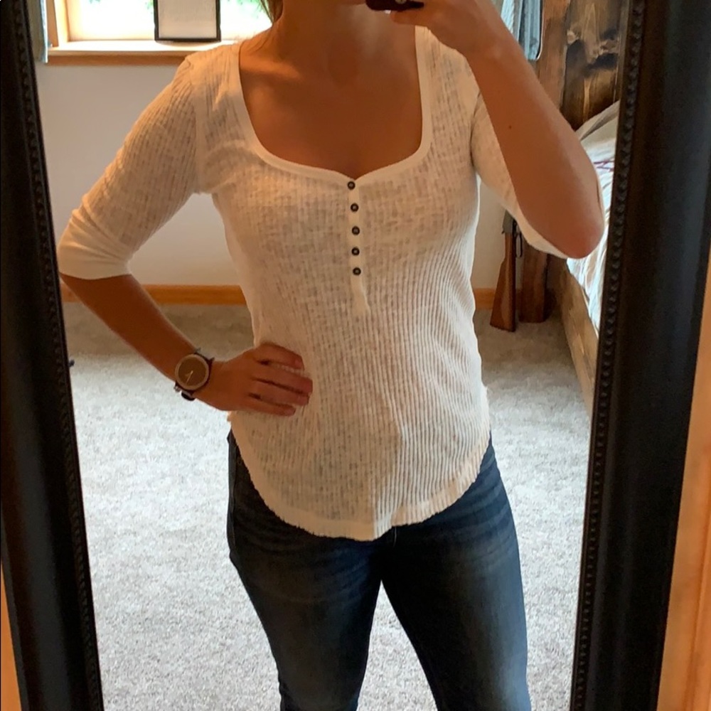 White Free People 3/4 sleeve henley, size S